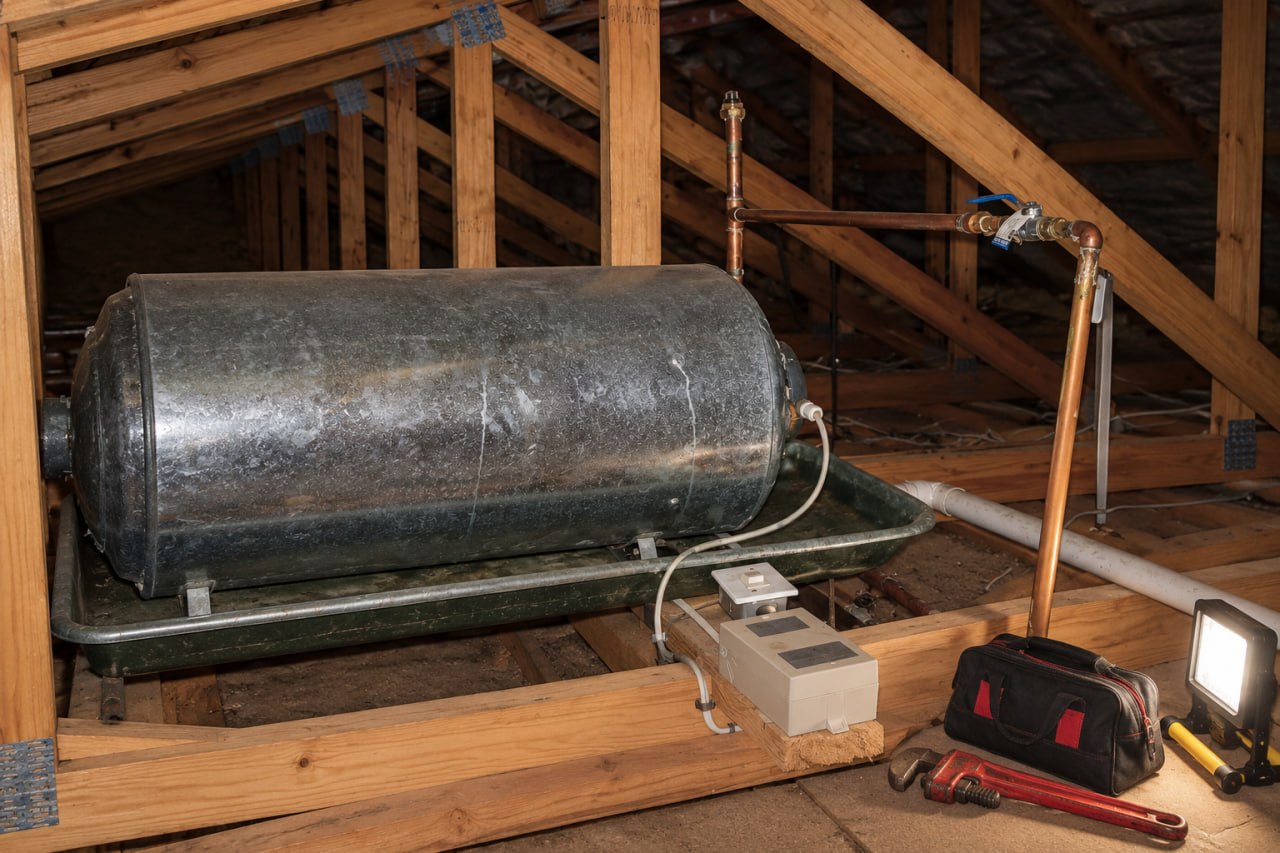 Electric geyser installation mounted on exterior wall with copper piping