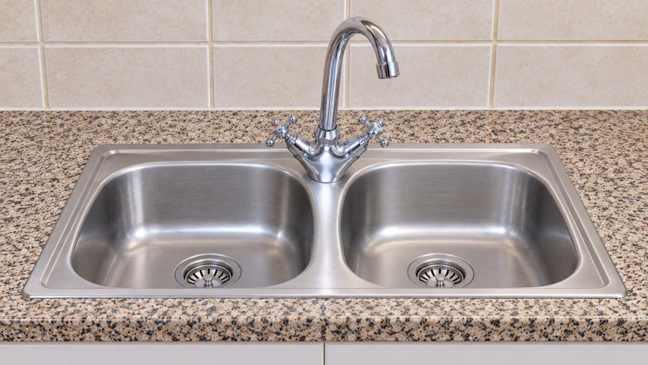 Stainless steel double kitchen sink with chrome mixer tap on granite countertop